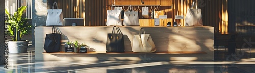 Array of minimalist totes from organic cotton, stylishly presented in an urban shop, showcasing sustainability and fashion photo