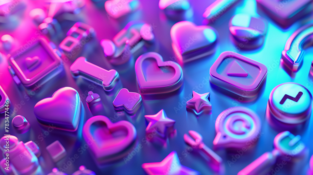 Fototapeta premium Vibrant 3D Hearts and Social Media Icons Floating in a Neon Dreamscape