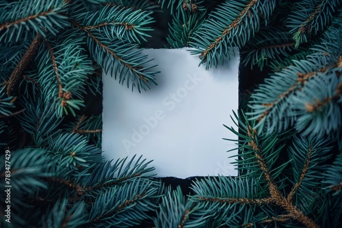 A white blank paper card sits in the center of dark green pine tree branches that frame the background in a top view. It is a concept for Christmas and the New Year.