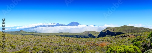 Wide view of landscape of Piton des Neiges peak and nature at Reunion Island