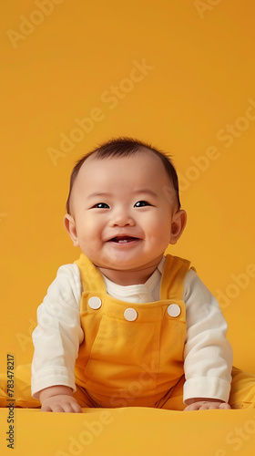 Asian baby sitting smiling on colorful background