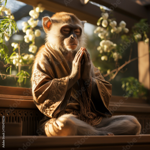 A monkey wearing a kimono is meditating in a peaceful garden.