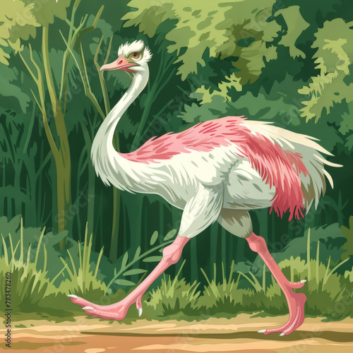 A pink ostrich walking through a green jungle. © NEW