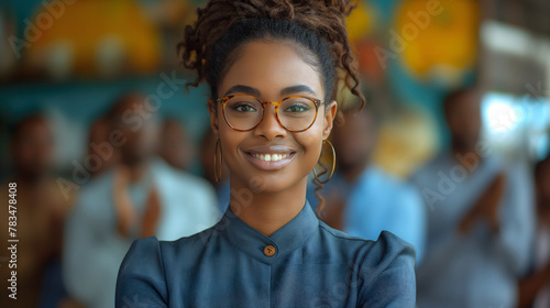 Beautiful smiling young professional Black business woman standing in office with confident expression, co-workers are clapping applauding in background hehind her photo