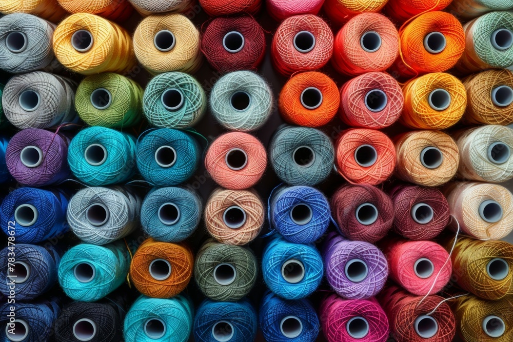 A bunch of colorful yarns are piled up in a row A bunch of colorful yarns are piled up in a row