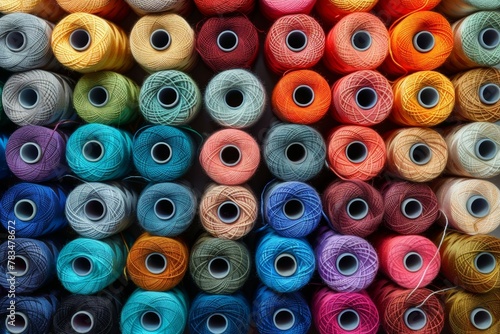 A bunch of colorful yarns are piled up in a row