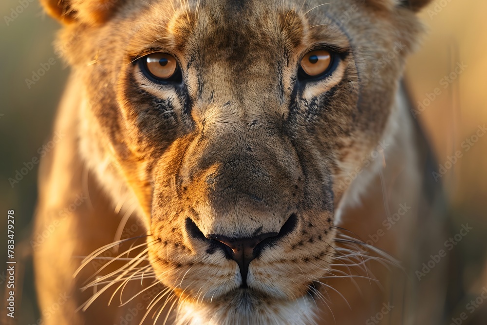 Fototapeta premium Close-up of a Lioness in the African Savannah Showing Her Strength and Beauty