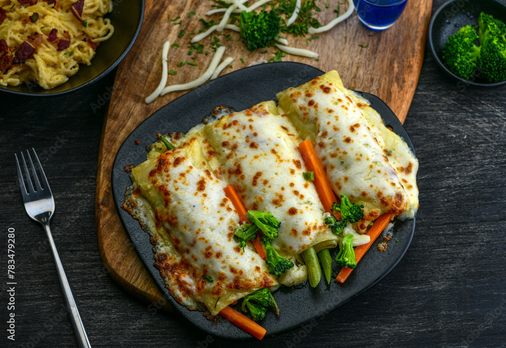 Lasagna baked pasta, Sauté vegetables, garlic, olive oil, mozzarella cheese and creamy sauce. Lasagna baked pasta, Sauté vegetables, garlic, olive oil, mozzarella cheese and creamy sauce.