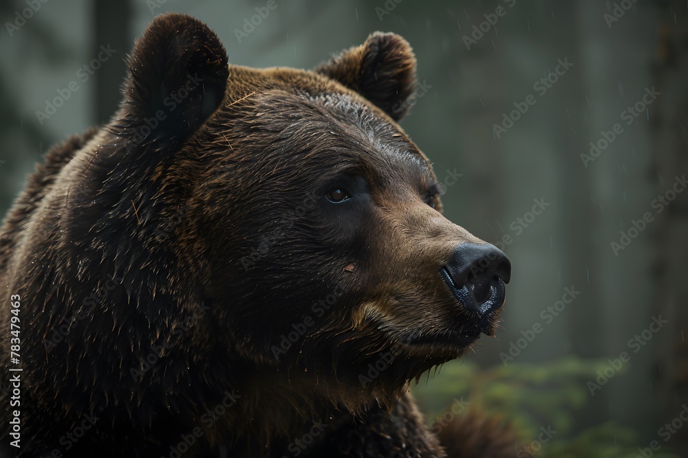 A close-up of a big brown bear showing its gentle eyes and rough fur in a soft, green forest