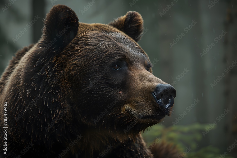 A close-up of a big brown bear showing its gentle eyes and rough fur in a soft, green forest A close-up of a big brown bear showing its gentle eyes and rough fur in a soft, green forest