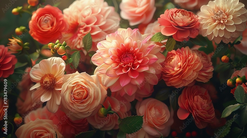 Petals of poetry, roses and dahlias, bouquet of beauty Petals of poetry, roses and dahlias, bouquet of beauty