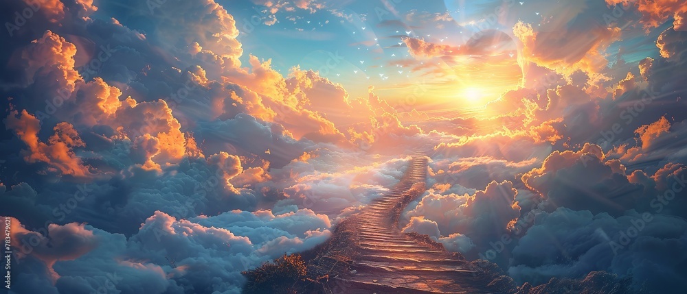 Pathway to peace, stairway caressed by clouds, sun's glow above - obrazy, fototapety, plakaty 