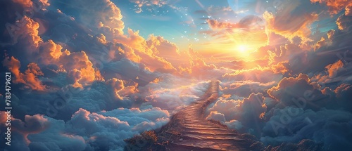 Pathway to peace, stairway caressed by clouds, sun's glow above photo