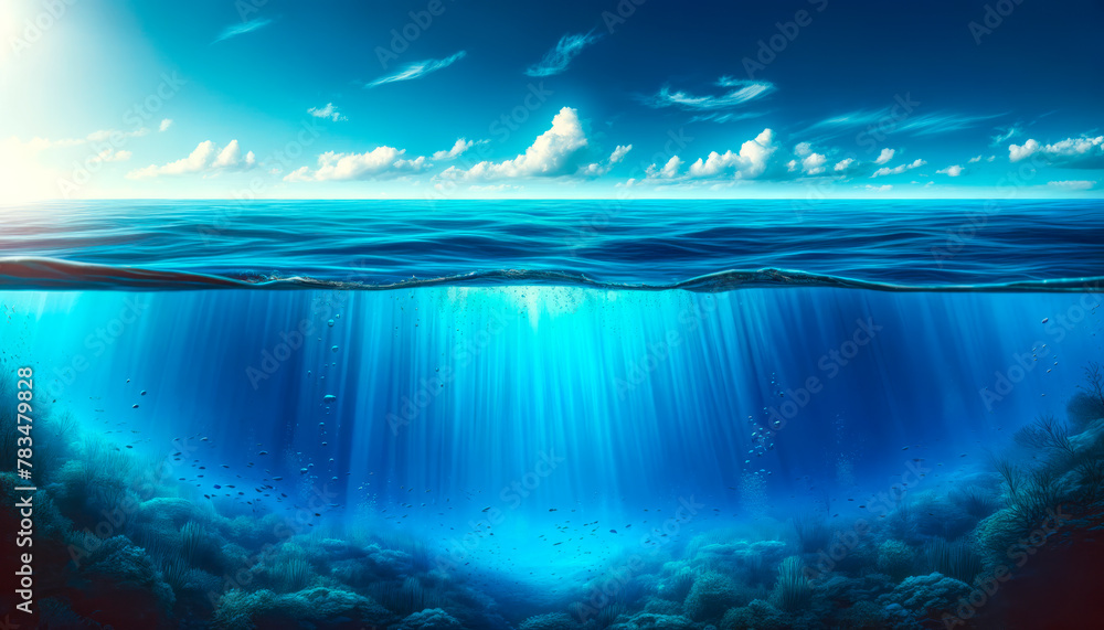 Fototapeta premium Split view of tranquil ocean and vibrant underwater ecosystem. Digital art. Generative AI