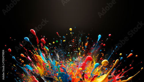 Colorful paint splashes in mid air against a dark backdrop. High energy, artistic concept. Generative AI