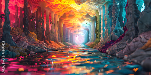Vibrant Tunnel with Flowing Water and Rocky Formations