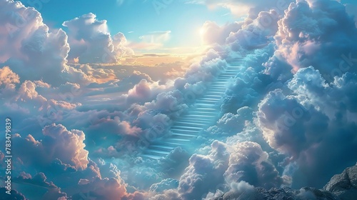 Heavenly steps rising, fluffy white clouds, serene escape #783479839