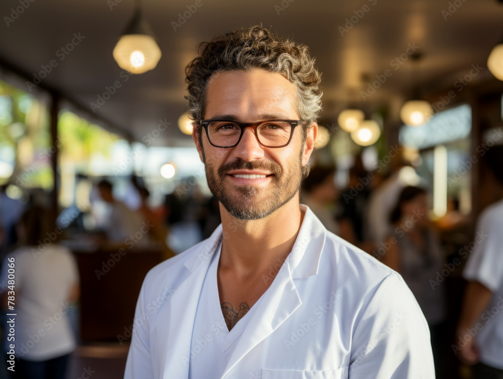 A young man with curly hair and glasses dressed in medical attire in a lively social environment. Generative AI A young man with curly hair and glasses dressed in medical attire in a lively social environment. Generative AI
