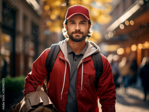Stylish young man with cap and red jacket enjoying a sunlit city street scene. Generative AI
