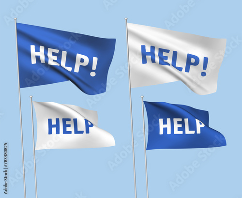 Blue and white vector flags with HELP text. A set of wavy 3D flags with flagpoles isolated on light background, created using gradient meshes