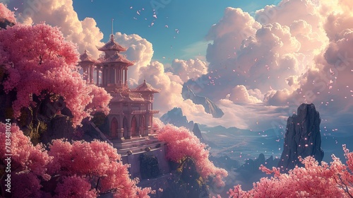 Dreamy 3D Temple in Fantasy Rococo Style Against Spring Sky