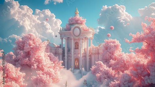 Dreamy 3D Temple in Fantasy Rococo Style Against Spring Sky