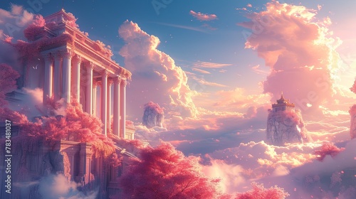 Dreamy 3D Temple in Fantasy Rococo Style Against Spring Sky photo