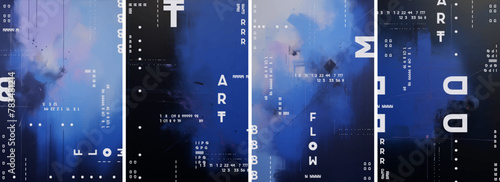 The four covers feature an abstract design in shades of dark blue and pink. The illustrations, styled as abstract modern acrylic paintings, are suitable for an art poster, flyer, or background.