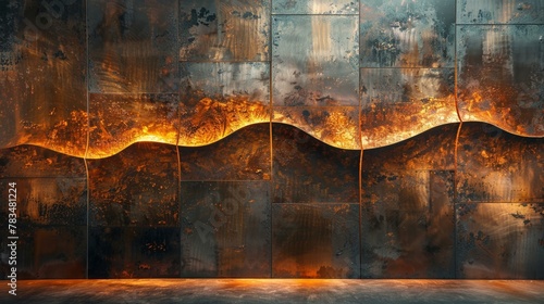 Burnished metallic wall, copper artistry, contemporary flair
