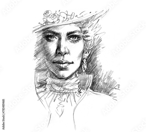 portrait of a person with a hat pencil drawing for card decoration illustration