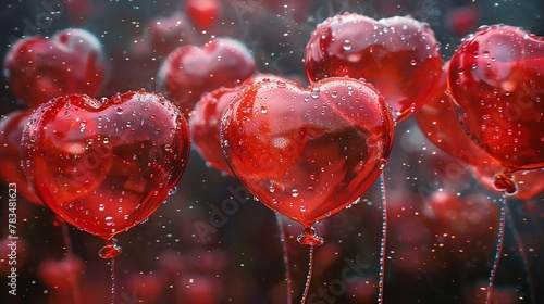 Adoration ascends, glistening heart balloons, passionate red