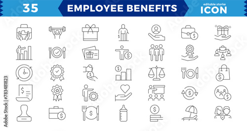 EMPLOYEE BENEFITS LINE ICON SET, Pay raise, maternity rest, health and life insurance, paid vacation, social security icons and more signs. Flat icon collection.