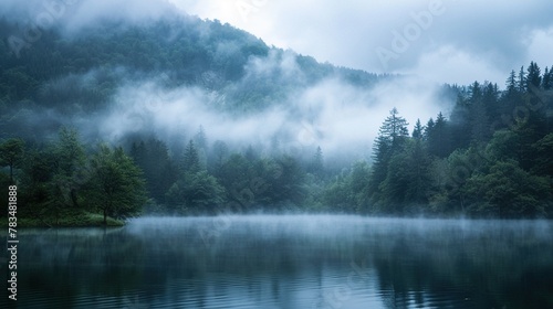 Fog blankets a tranquil lake nestled among trees on a mountain, creating a serene and mystical scene. Generative AI