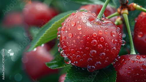 Ripe, juicy cherries are decorated with sparkling dewdrops among green leaves. Luxury aesthetic backdrop. Generative AI