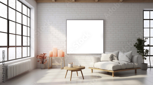 Fototapeta Naklejka Na Ścianę i Meble -  a image of Interior of modern living room with white brick wall, sofa and coffee table. Mock up poster. 3d rendering Generative AI