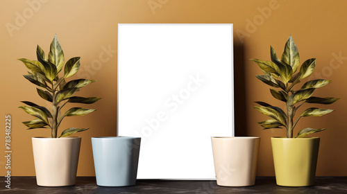 a picture of Mockup of a vertical frame with green plants in pots on a dark blue background Generative AI