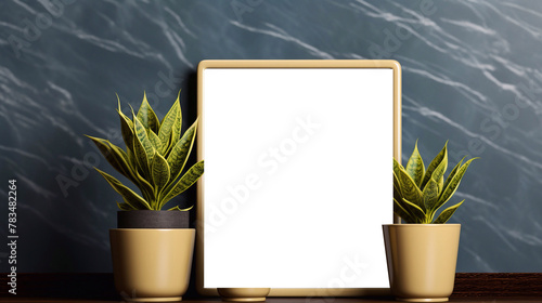 picture of Mockup of a vertical frame with green plants in pots on a dark blue background Generative AI