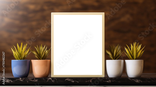photo of Mockup of a vertical frame with green plants in pots on a dark blue background Generative AI