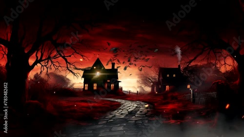 A house of halloween scene with a horror atmosphere, animated virtual repeating seamless 4k	
