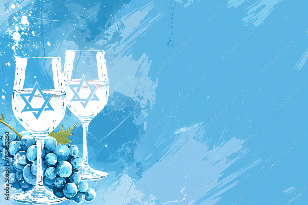 Red grape, star of David and wine glass on blue background. Judaism concept. Shabbat Shalom. Happy Shavuot, Passover, Hanukkah. Watercolor illustration for greeting card, banner, poster. Copy space - obrazy, fototapety, plakaty 