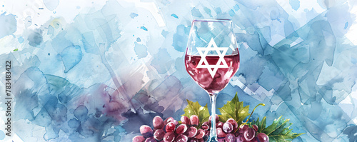 Red grape, star of David and wine glass on blue background. Judaism concept. Shabbat Shalom. Happy Shavuot, Passover, Hanukkah. Watercolor illustration for greeting card, banner, poster. Copy space