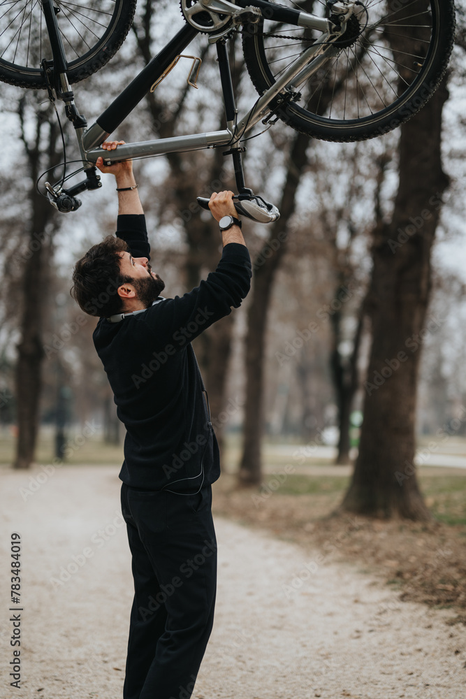 A bearded businessman in casual attire lifting a bicycle overhead on a park path, showcasing strength and a healthy lifestyle.