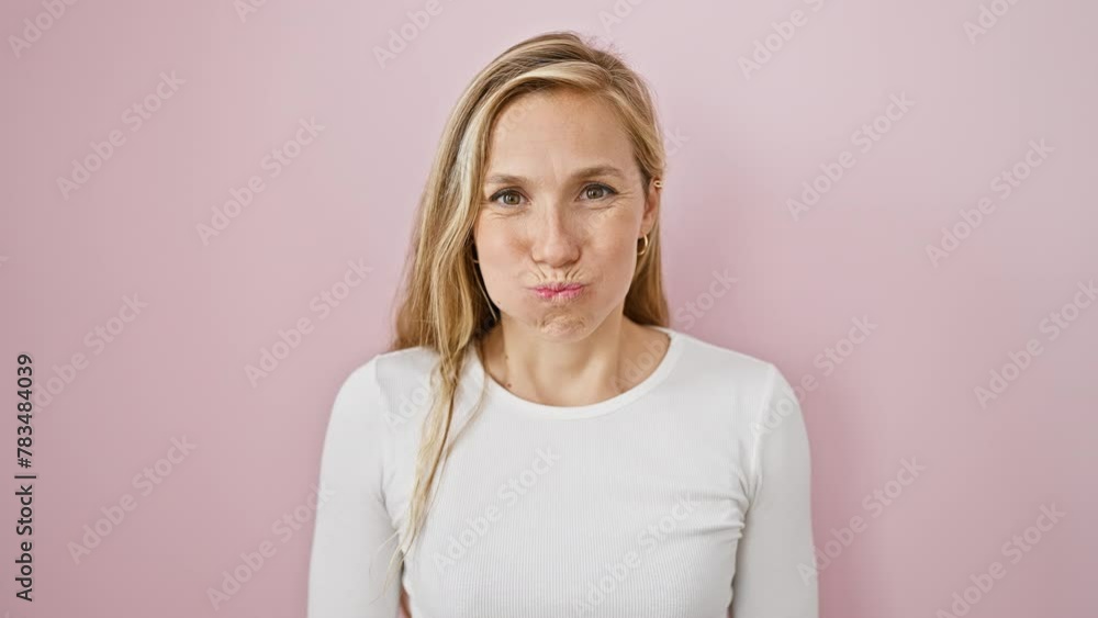 Cheeky blonde gal pulls a hilarious face, puffs cheeks full of air over pink isolated background Cheeky blonde gal pulls a hilarious face, puffs cheeks full of air over pink isolated background
