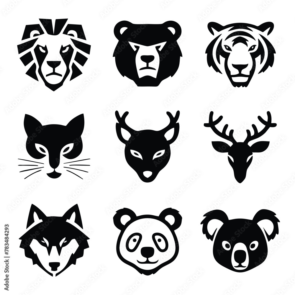A set of nine icon illustration of a unique animal concept. lion, bear, tiger, cat, deer, horse, wolf, panda, koala. Set collection of animals Icons. Simple line art style icons pack