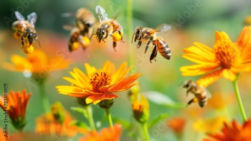 A closeup of a of bees delicately landing on vibrant orange and yellow flower heads of bioenergy crops. The background is a mix of meadows and trees providing a natural habitat for .