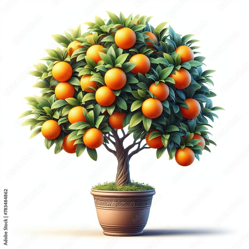 Beautiful ultra-realistic watercolor orange fruit potted tree with leaves white background