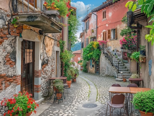 Quaint cobblestone streets of a historic European village. Generative AI. V003