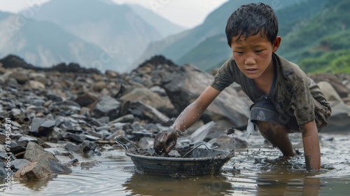A young boy no more than twelve years old stands kneedeep in murky water his small hands sifting through a sieve filled with grey sludge. As he carefully picks through the debris his .