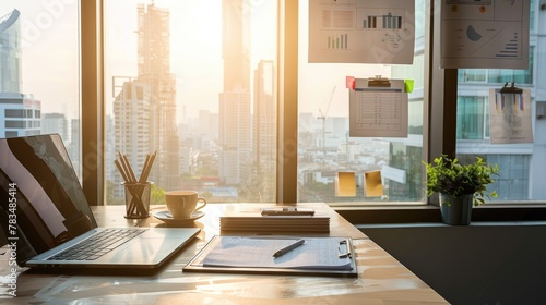 Workplace with laptop comfortable work table in office windows and city view, Generative AI