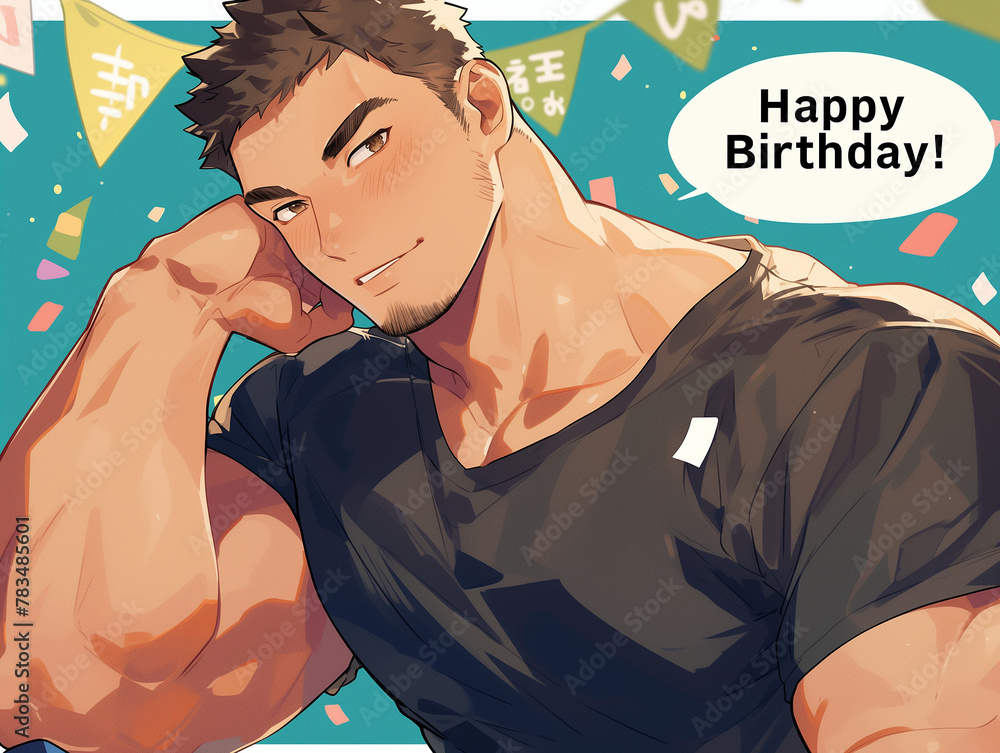 Happy birthday, muscular man, handsome guy, anime, celebration